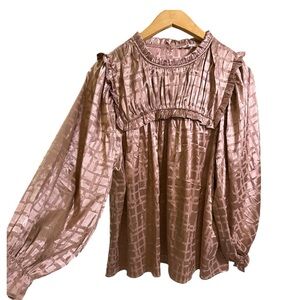 Entro Mauve Satin Jacquard Ruffle Babydoll Blouse Size Large Boho Romantic